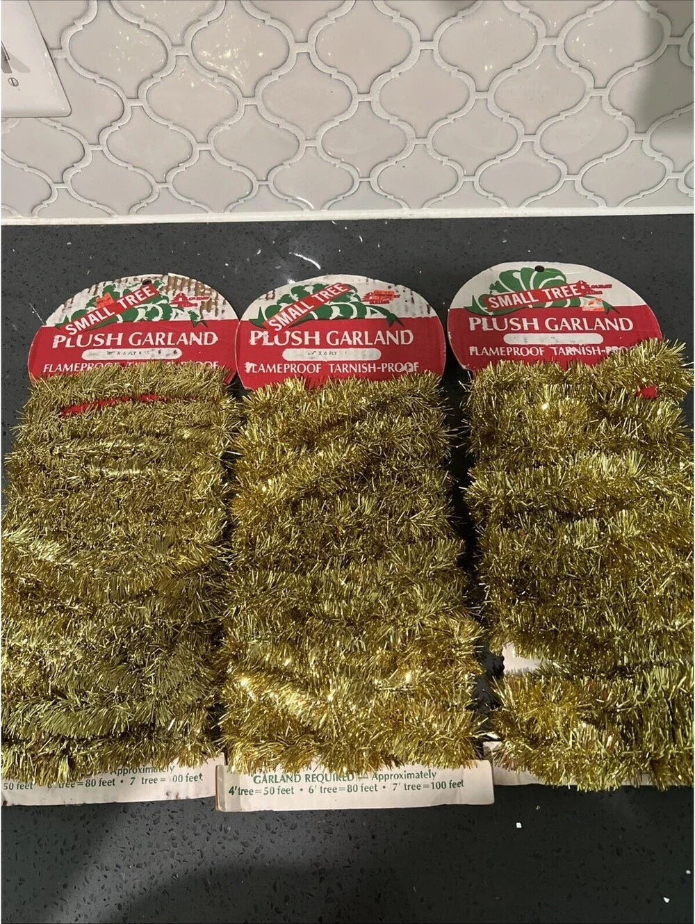 VTG TINSEL Gold Christmas Feather Tree Garland Vintage 3 pc Lot